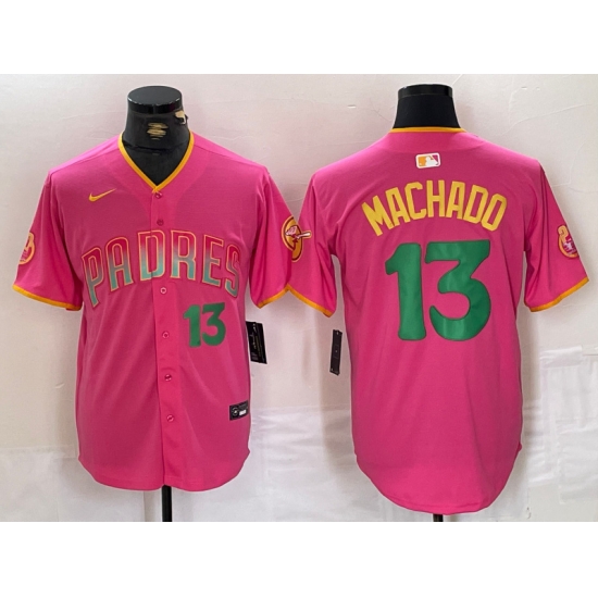 Men San Diego Padres 13 Manny Machado Pink Cool Base Stitched Baseball Jersey 2 Men San Diego Padres 13 Manny Machado Pink Cool Base Stitched Baseball Jersey 2
