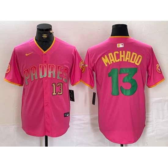 Men San Diego Padres 13 Manny Machado Pink Cool Base Stitched Baseball Jersey 3 Men San Diego Padres 13 Manny Machado Pink Cool Base Stitched Baseball Jersey 3