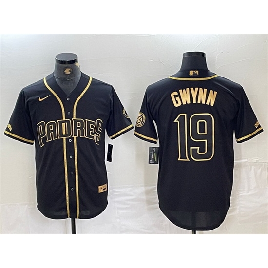 Men San Diego Padres 19 Tony Gwynn Black Gold With Patch Cool Base Stitched Baseball Jersey Men San Diego Padres 19 Tony Gwynn Black Gold With Patch Cool Base Stitched Baseball Jersey