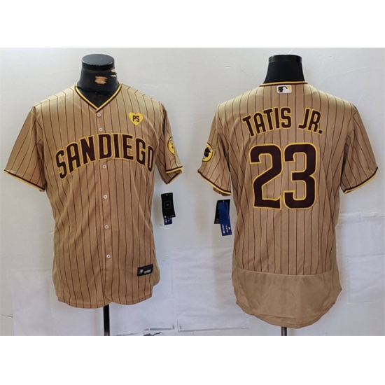 Men San Diego Padres 23 Fernando Tatis Jr Tan With PS Patch Flex Base Stitched Baseball Jersey Men San Diego Padres 23 Fernando Tatis Jr Tan With PS Patch Flex Base Stitched Baseball Jersey