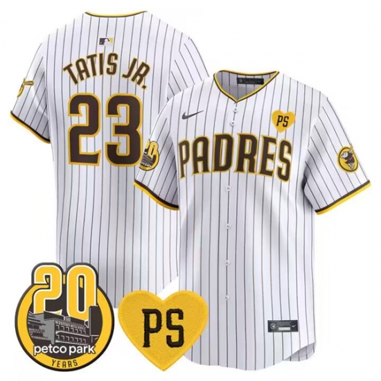 Men San Diego Padres 23 Fernando Tatis Jr White u201CFor Peter u201D And Petco Park 20th Patch Limited Stitched Baseball Jersey Men San Diego Padres 23 Fernando Tatis Jr White u201CFor Peter u201D And Petco Park 20th Patch Limited Stitched Baseball Jersey