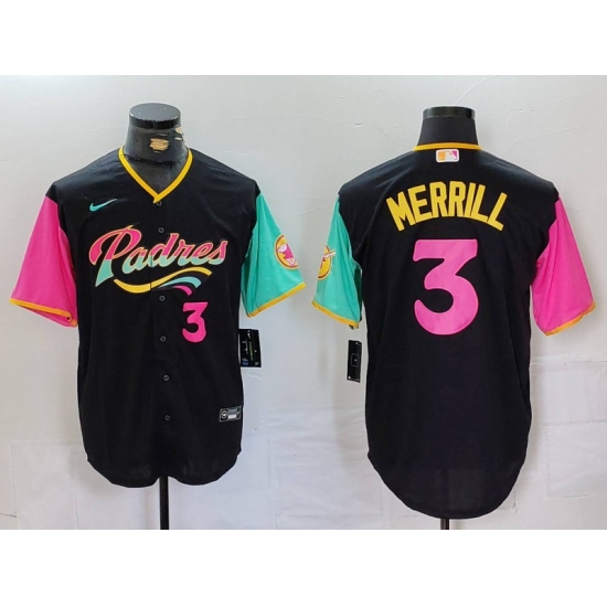 Men San Diego Padres 3 Jackson Merrill Black City Connect Cool Base Stitched Baseball Jersey 2 Men San Diego Padres 3 Jackson Merrill Black City Connect Cool Base Stitched Baseball Jersey 2
