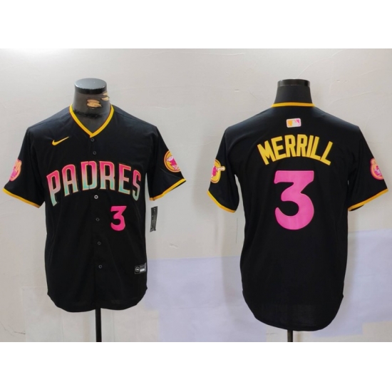 Men San Diego Padres 3 Jackson Merrill Black Cool Base Stitched Baseball Jersey 011 Men San Diego Padres 3 Jackson Merrill Black Cool Base Stitched Baseball Jersey 011