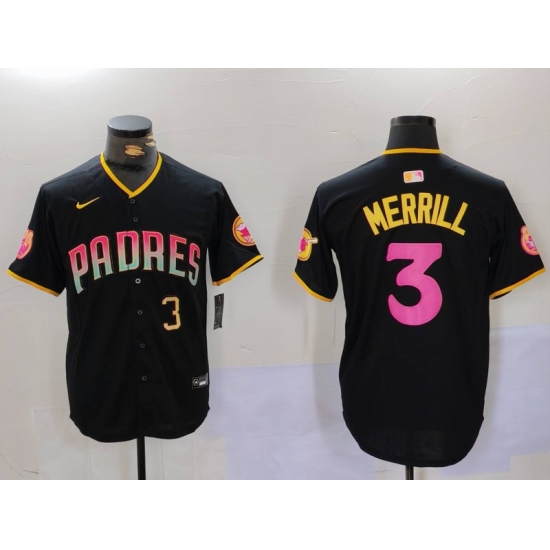 Men San Diego Padres 3 Jackson Merrill Black Cool Base Stitched Baseball Jersey 012 Men San Diego Padres 3 Jackson Merrill Black Cool Base Stitched Baseball Jersey 012