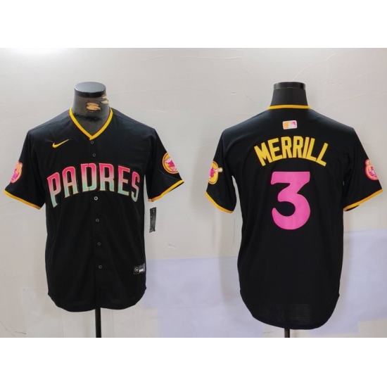 Men San Diego Padres 3 Jackson Merrill Black Cool Base Stitched Baseball Jersey 5 Men San Diego Padres 3 Jackson Merrill Black Cool Base Stitched Baseball Jersey 5
