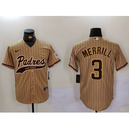 Men San Diego Padres 3 Jackson Merrill Brown Cool Base Stitched Baseball Jersey 5 Men San Diego Padres 3 Jackson Merrill Brown Cool Base Stitched Baseball Jersey 5
