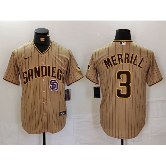 Men San Diego Padres 3 Jackson Merrill Tan Cool Base Stitched Baseball Jersey 1 Men San Diego Padres 3 Jackson Merrill Tan Cool Base Stitched Baseball Jersey 1