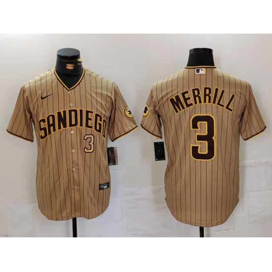 Men San Diego Padres 3 Jackson Merrill Tan Cool Base Stitched Baseball Jersey 2 Men San Diego Padres 3 Jackson Merrill Tan Cool Base Stitched Baseball Jersey 2