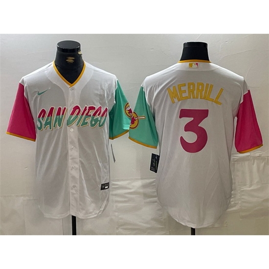 Men San Diego Padres 3 Jackson Merrill White City Connect Cool Base Stitched Baseball Jersey Men San Diego Padres 3 Jackson Merrill White City Connect Cool Base Stitched Baseball Jersey