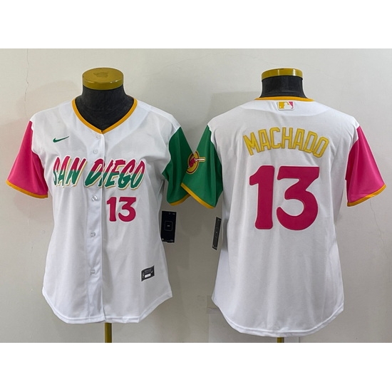 Women San Diego Padres 13 Manny Machado 2022 White City Connect Cool Base Stitched Baseball Jersey Women San Diego Padres 13 Manny Machado 2022 White City Connect Cool Base Stitched Baseball Jersey