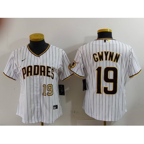 Women San Diego Padres 19 19 Tony Gwynn White With PS Patch Cool Base Stitched Baseball Jersey 2 Women San Diego Padres 19 19 Tony Gwynn White With PS Patch Cool Base Stitched Baseball Jersey 2