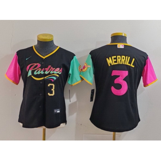 Women San Diego Padres 3 Jackson Merrill Black City Connect Stitched Baseball Jersey 1 Women San Diego Padres 3 Jackson Merrill Black City Connect Stitched Baseball Jersey 1