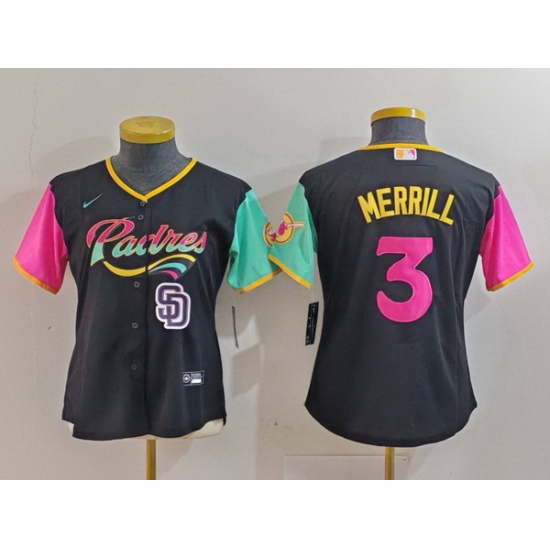 Women San Diego Padres 3 Jackson Merrill Black City Connect Stitched Baseball Jersey 3 Women San Diego Padres 3 Jackson Merrill Black City Connect Stitched Baseball Jersey 3