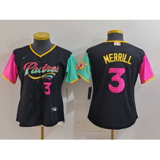 Women San Diego Padres 3 Jackson Merrill Black City Connect Stitched Baseball Jersey 5 Women San Diego Padres 3 Jackson Merrill Black City Connect Stitched Baseball Jersey 5
