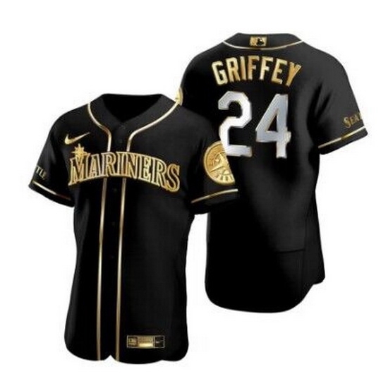 Men Seattle Mariners 24 Ken Griffey Jr Black Golden Flex Base Stitched Baseball Jersey Men Seattle Mariners 24 Ken Griffey Jr Black Golden Flex Base Stitched Baseball Jersey