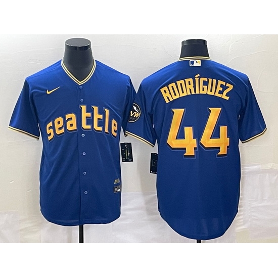 Men's Seattle Mariners #44 Julio Rodriguez Blue 2023 City Connect Cool Base Stitched Jersey Men's Seattle Mariners #44 Julio Rodriguez Blue 2023 City Connect Cool Base Stitched Jersey