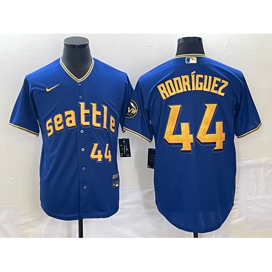Men's Seattle Mariners #44 Julio Rodriguez Number Blue 2023 City Connect Cool Base Stitched Jersey1 Men's Seattle Mariners #44 Julio Rodriguez Number Blue 2023 City Connect Cool Base Stitched Jersey1