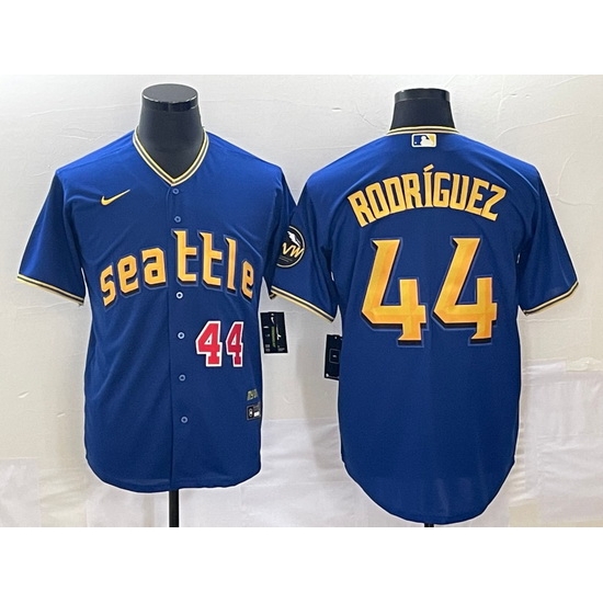 Men's Seattle Mariners #44 Julio Rodriguez Number Blue 2023 City Connect Cool Base Stitched Jersey Men's Seattle Mariners #44 Julio Rodriguez Number Blue 2023 City Connect Cool Base Stitched Jersey