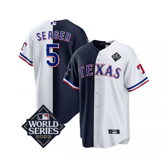 Men Texas Rangers 26 Cowboys 5 Corey Seager Navy White 2023 World Series Splite Stitched Baseball Jersey Men Texas Rangers 26 Cowboys 5 Corey Seager Navy White 2023 World Series Splite Stitched Baseball Jersey