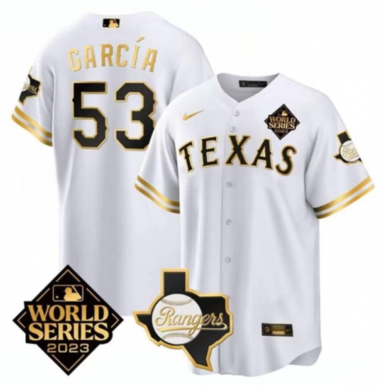 Men Texas Rangers 26 Cowboys 53 Adolis Garc EDa White 2023 World Series Splite Stitched Baseball Jersey Men Texas Rangers 26 Cowboys 53 Adolis Garc EDa White 2023 World Series Splite Stitched Baseball Jersey