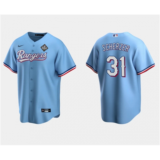 Men Texas Rangers 31 Max Scherzer Blue 2023 World Series Stitched Baseball Jersey Men Texas Rangers 31 Max Scherzer Blue 2023 World Series Stitched Baseball Jersey
