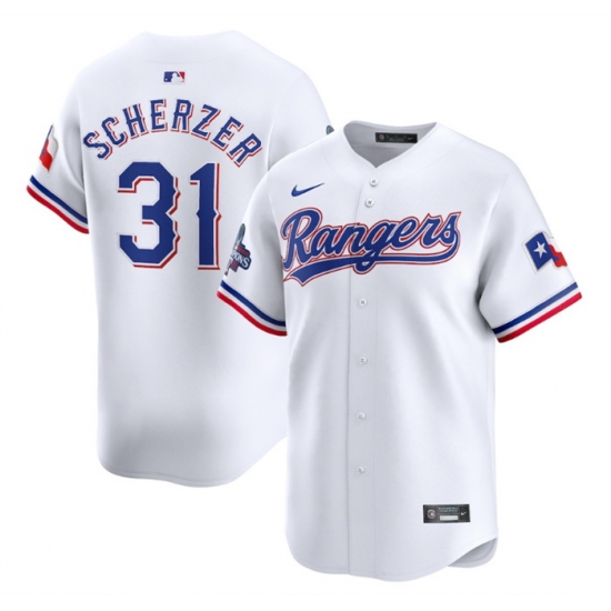 Men Texas Rangers 31 Max Scherzer White 2023 World Series Champions Stitched Baseball Jersey Men Texas Rangers 31 Max Scherzer White 2023 World Series Champions Stitched Baseball Jersey