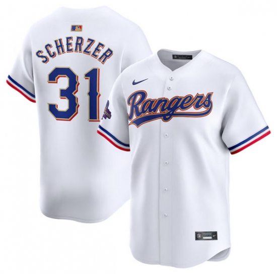 Men Texas Rangers 31 Max Scherzer White 2024 Gold Collection Cool Base Stitched Baseball Jersey Men Texas Rangers 31 Max Scherzer White 2024 Gold Collection Cool Base Stitched Baseball Jersey
