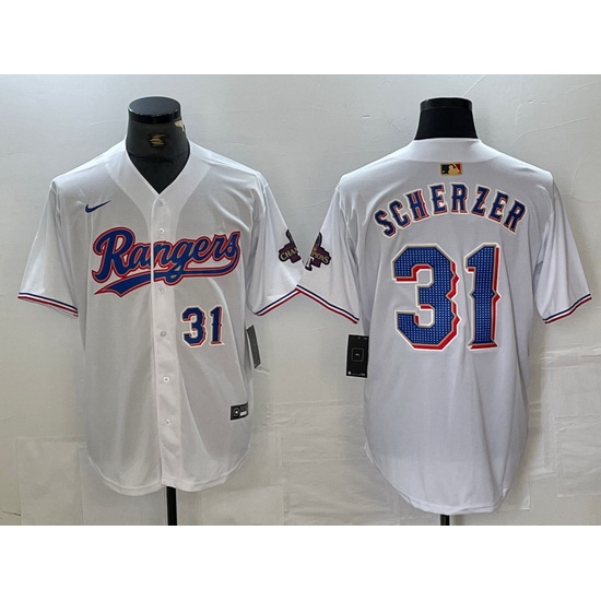 Men Texas Rangers 31 Max Scherzer White Gold Cool Base Stitched Baseball Jersey 4 Men Texas Rangers 31 Max Scherzer White Gold Cool Base Stitched Baseball Jersey 4