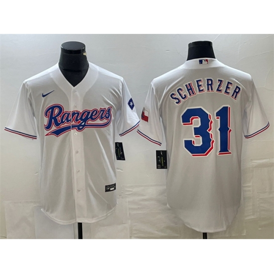 Men Texas Rangers 31 Max Scherzer White With Patch Cool Base Stitched Baseball Jersey Men Texas Rangers 31 Max Scherzer White With Patch Cool Base Stitched Baseball Jersey