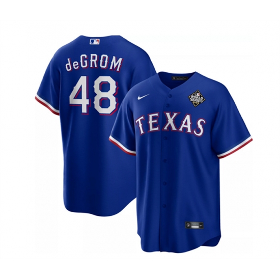 Men Texas Rangers 48 Jacob DeGrom Royal 2023 World Series Cool Base Stitched Baseball Jersey Men Texas Rangers 48 Jacob DeGrom Royal 2023 World Series Cool Base Stitched Baseball Jersey