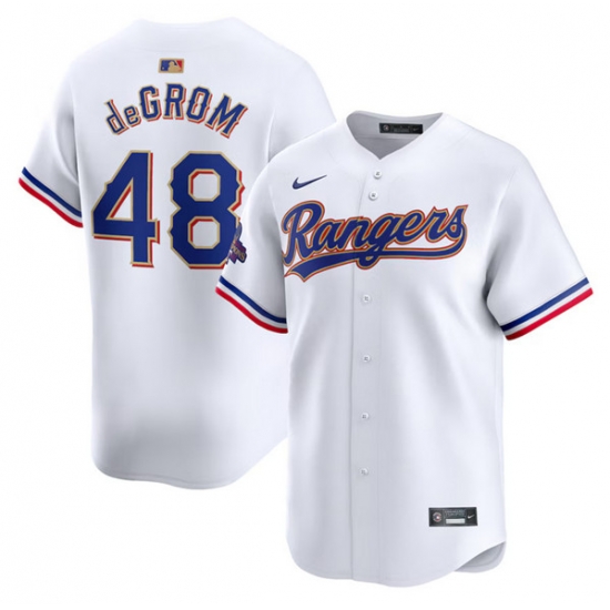 Men Texas Rangers 48 Jacob DeGrom White 2024 Gold Collection Cool Base Stitched Baseball Jersey Men Texas Rangers 48 Jacob DeGrom White 2024 Gold Collection Cool Base Stitched Baseball Jersey