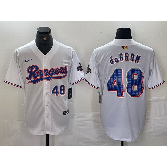 Men Texas Rangers 48 Jacob DeGrom White Gold Cool Base Stitched Baseball Jersey 1 Men Texas Rangers 48 Jacob DeGrom White Gold Cool Base Stitched Baseball Jersey 1