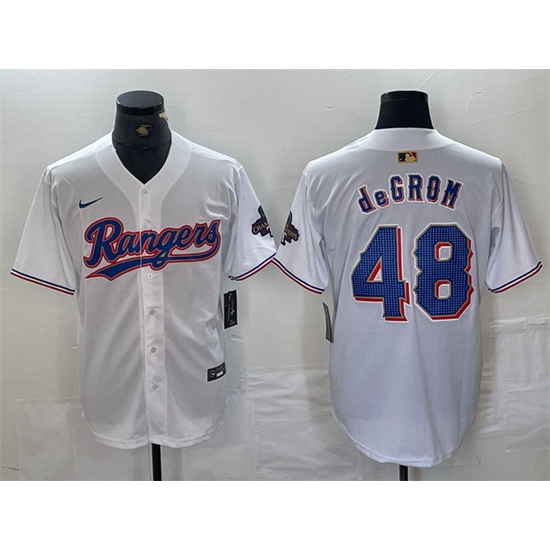 Men Texas Rangers 48 Jacob DeGrom White Gold Cool Base Stitched Baseball Jersey Men Texas Rangers 48 Jacob DeGrom White Gold Cool Base Stitched Baseball Jersey