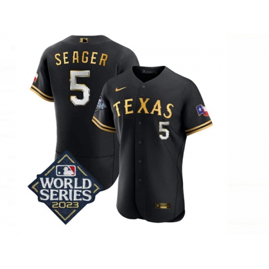 Men Texas Rangers 5 Corey Seager Black Gold 2023 World Series Flex Base Stitched Baseball Jersey Men Texas Rangers 5 Corey Seager Black Gold 2023 World Series Flex Base Stitched Baseball Jersey