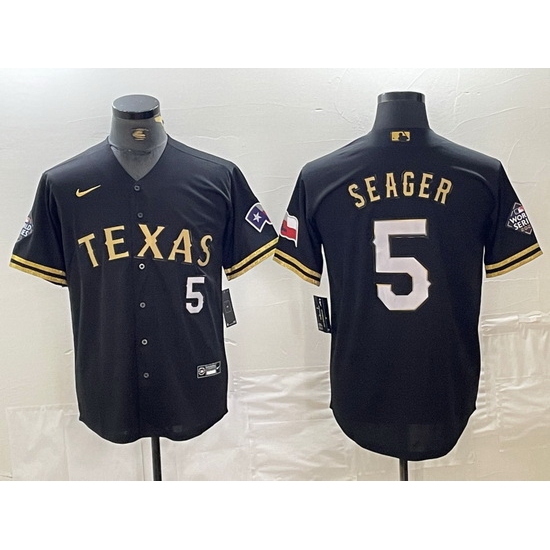 Men Texas Rangers 5 Corey Seager Number Black Gold Cool Base jerseys Men Texas Rangers 5 Corey Seager Number Black Gold Cool Base jerseys