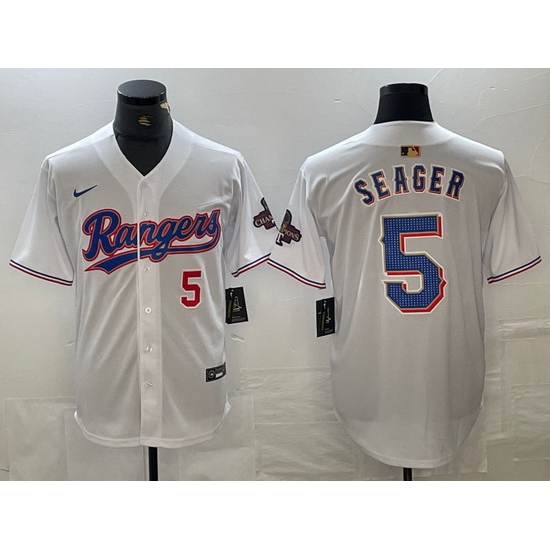 Men Texas Rangers 5 Corey Seager Number White 2023 World Series Champions Cool Base Jersey Men Texas Rangers 5 Corey Seager Number White 2023 World Series Champions Cool Base Jersey