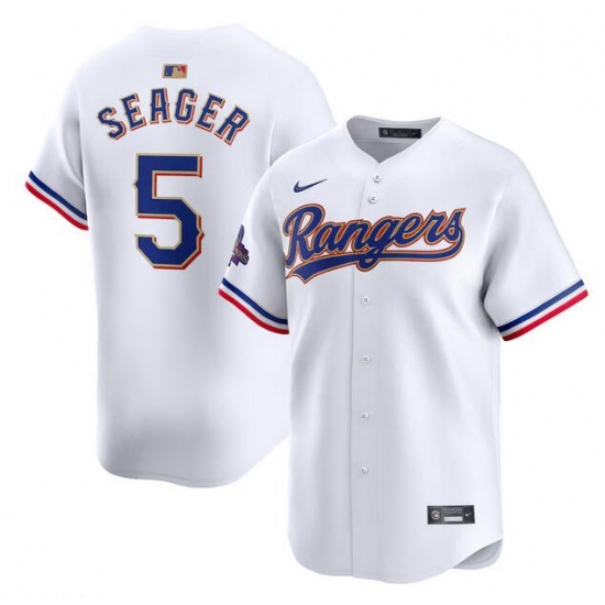 Men Texas Rangers 5 Corey Seager White 2024 Gold Collection Cool Base Stitched Baseball Jersey Men Texas Rangers 5 Corey Seager White 2024 Gold Collection Cool Base Stitched Baseball Jersey