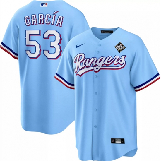 Men Texas Rangers 53 Adolis Garc EDa Blue 2023 World Series Cool Base Stitched Baseball Jersey Men Texas Rangers 53 Adolis Garc EDa Blue 2023 World Series Cool Base Stitched Baseball Jersey