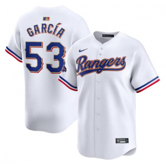 Men Texas Rangers 53 Adolis Garc EDa White 2024 Gold Collection Cool Base Stitched Baseball Jersey Men Texas Rangers 53 Adolis Garc EDa White 2024 Gold Collection Cool Base Stitched Baseball Jersey