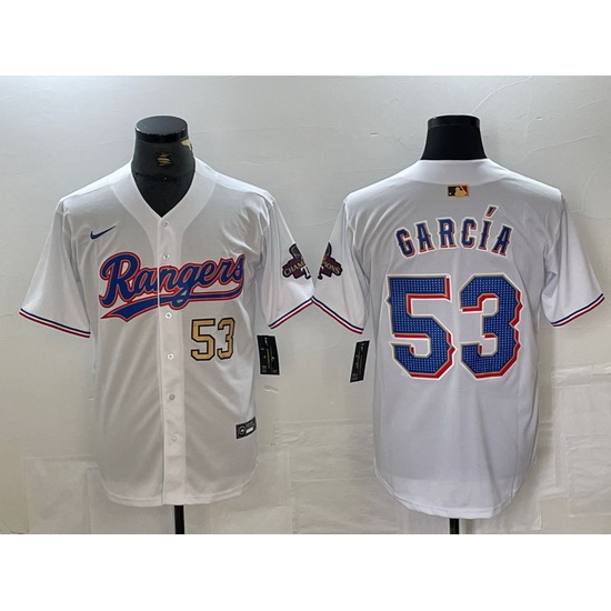 Men Texas Rangers 53 Adolis Garc EDa White Gold Cool Base Stitched Baseball Jersey 1 Men Texas Rangers 53 Adolis Garc EDa White Gold Cool Base Stitched Baseball Jersey 1