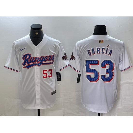 Men Texas Rangers 53 Adolis Garc EDa White Gold Cool Base Stitched Baseball Jersey 2 Men Texas Rangers 53 Adolis Garc EDa White Gold Cool Base Stitched Baseball Jersey 2