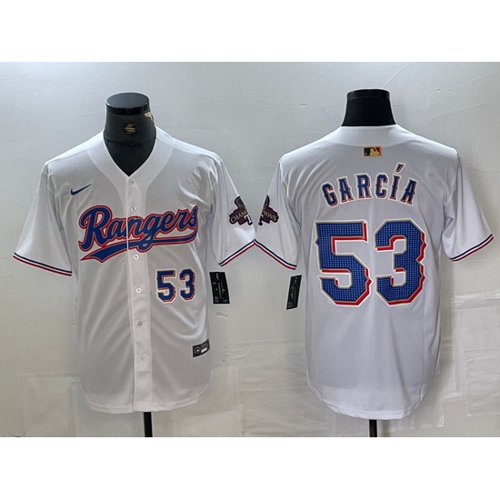 Men Texas Rangers 53 Adolis Garc EDa White Gold Cool Base Stitched Baseball Jersey Men Texas Rangers 53 Adolis Garc EDa White Gold Cool Base Stitched Baseball Jersey