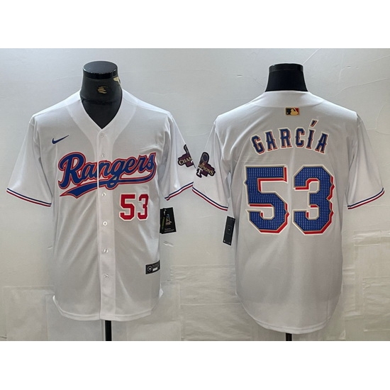 Men Texas Rangers 53 Adolis Garcia Number White 2023 World Series Champions Cool Base Jersey Men Texas Rangers 53 Adolis Garcia Number White 2023 World Series Champions Cool Base Jersey