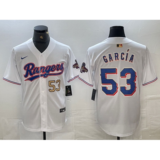 Men Texas Rangers 53 Adolis Garcia Number White 2023 World Series Champions Cool Base Jerseys Men Texas Rangers 53 Adolis Garcia Number White 2023 World Series Champions Cool Base Jerseys