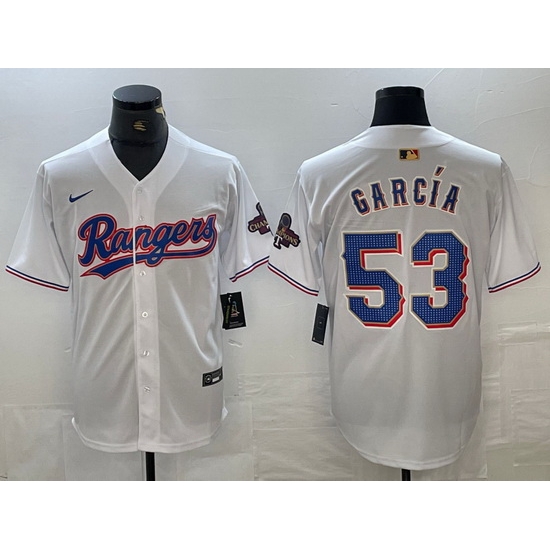 Men Texas Rangers 53 Adolis Garcia White 2023 World Series Champions Cool Base Jersey Men Texas Rangers 53 Adolis Garcia White 2023 World Series Champions Cool Base Jersey