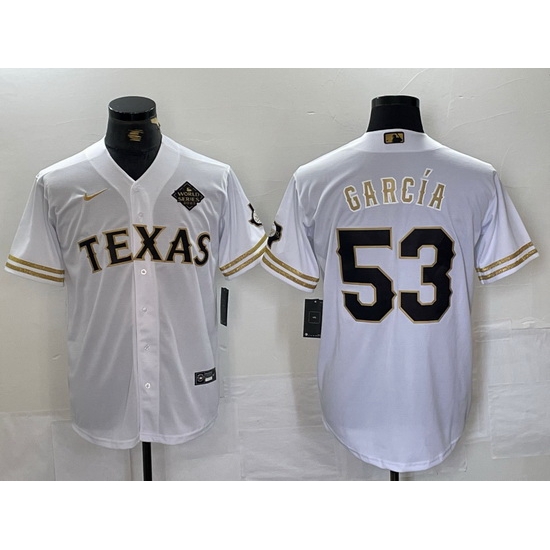 Men Texas Rangers 53 Adolis Garcia White Gold Cool Base Stitched Baseball Jersey Men Texas Rangers 53 Adolis Garcia White Gold Cool Base Stitched Baseball Jersey