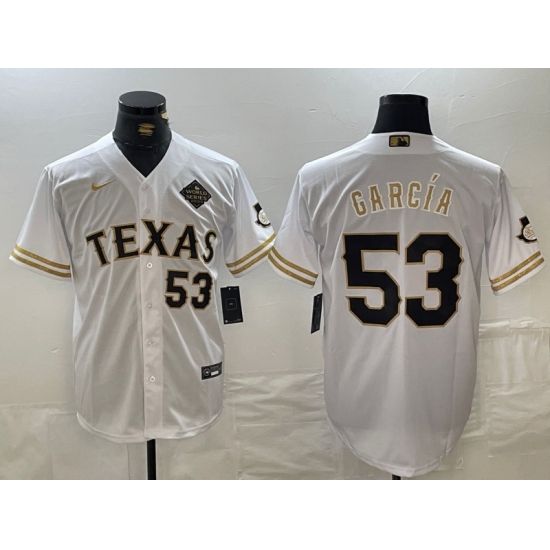 Men Texas Rangers 53 Adolis Garcia White Gold With Patch Cool Base Stitched Baseball jerseys Men Texas Rangers 53 Adolis Garcia White Gold With Patch Cool Base Stitched Baseball jerseys