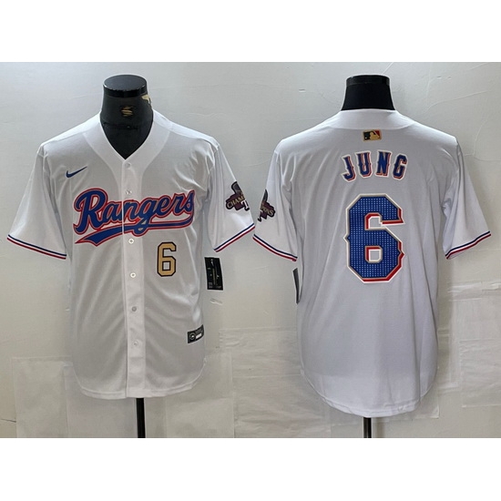 Men Texas Rangers 6 Josh Jung White Gold Cool Base Stitched Baseball Jersey 1 Men Texas Rangers 6 Josh Jung White Gold Cool Base Stitched Baseball Jersey 1