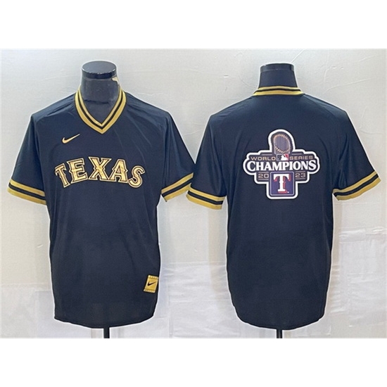 Men Texas Rangers Black 2023 World Series Champions Big Logo Cool Base Stitched Baseball Jersey Men Texas Rangers Black 2023 World Series Champions Big Logo Cool Base Stitched Baseball Jersey