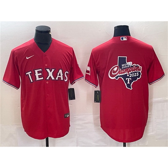 Men Texas Rangers Red 2023 World Series Champions Big Logo With Patch Cool Base Stitched Baseball Jersey Men Texas Rangers Red 2023 World Series Champions Big Logo With Patch Cool Base Stitched Baseball Jersey